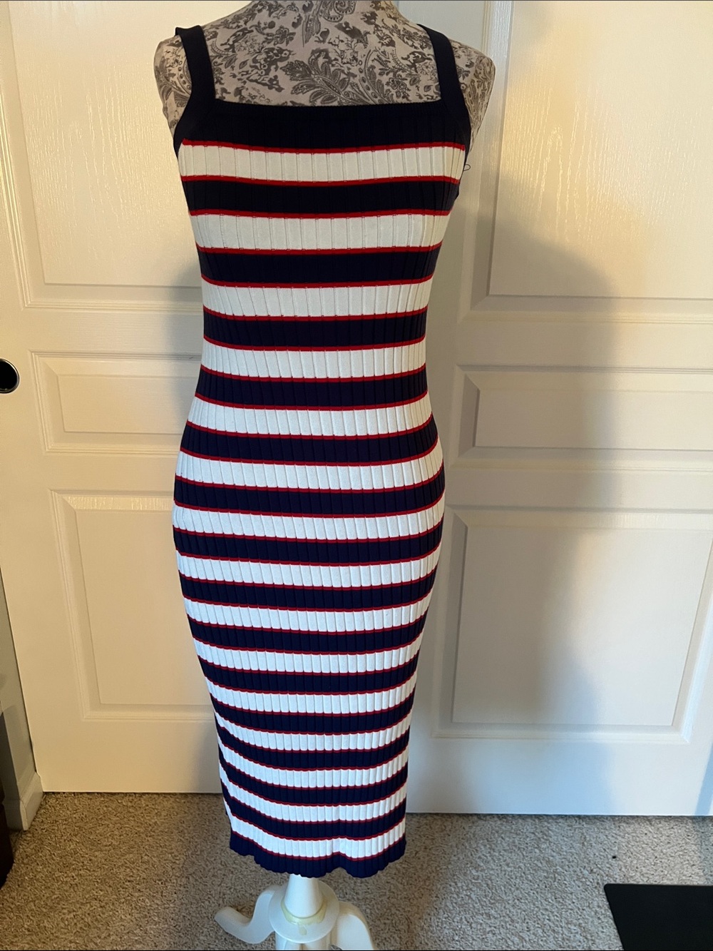 89th & Madison Navy, White & Red Striped Ribbed Midi Dress